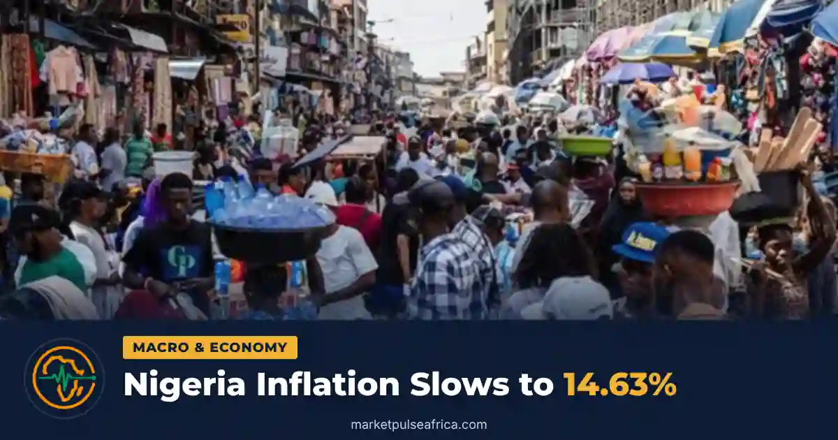 Crowded open-air market street in Lagos with traders carrying goods on their heads, above a navy band with the Market Pulse Africa logo