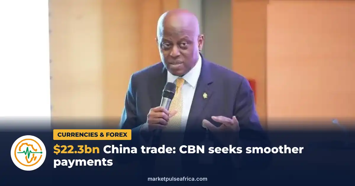 CBN Governor Olayemi Cardoso speaking into a microphone at a conference, with a Market Pulse Africa headline band about Nigeria-China trade payments