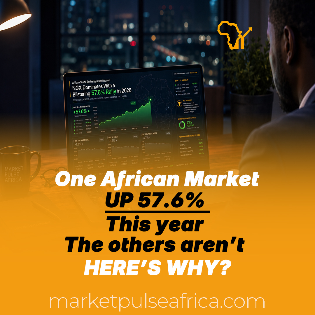 Professional Black man in a suit viewed from behind at a desk at night, working on a laptop displaying an “African Stock Exchanges Dashboard” that highlights the NGX dominating wit