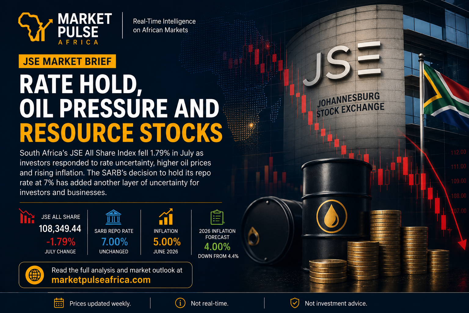 Johannesburg stock market trading screens showing financial charts, oil prices and South African market indicators.