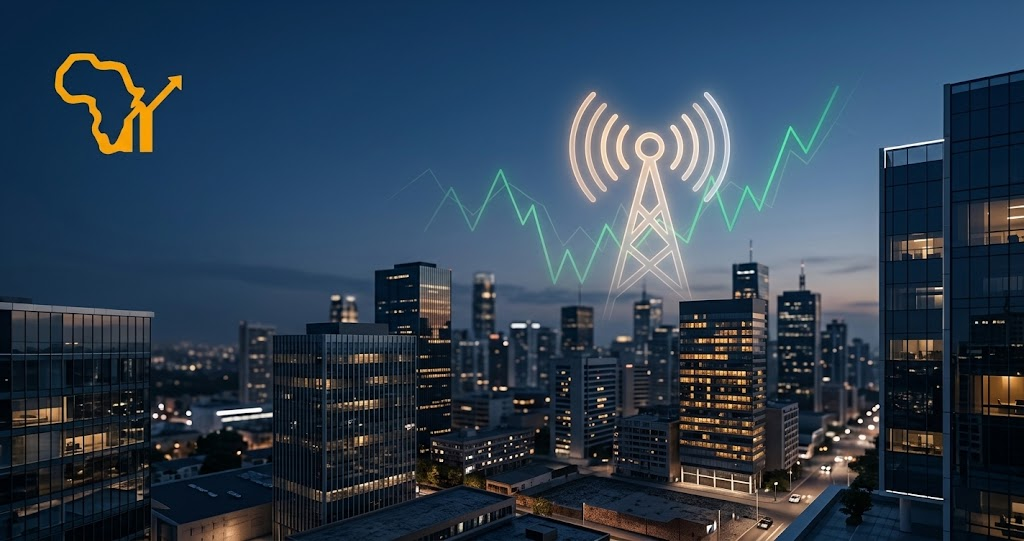 A softly lit East African city skyline at dusk with a faint mobile network signal icon and a market graph dipping then recovering overlaid in the sky.