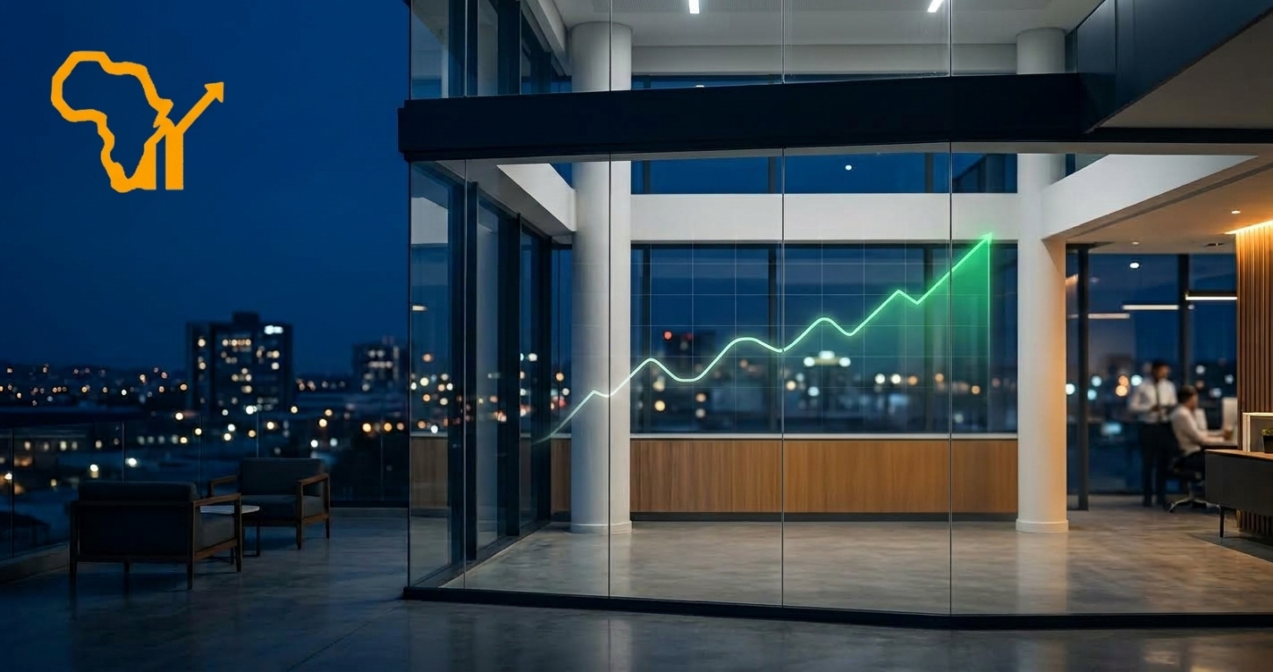 A modern South African bank branch exterior is lit at dusk with clean architectural lines, and a faint steadying line graph overlaid above.