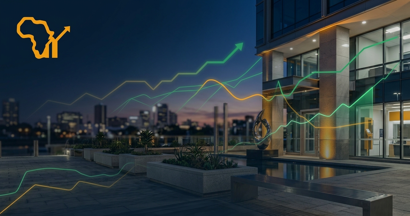 A West African financial district skyline is lit at dusk, with several thin line graphs of varying trajectories — mostly rising, one dipping — overlaid in the sky
