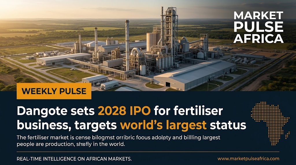 Large-scale fertiliser production complex in Nigeria with processing towers and storage silos, representing Dangote Fertiliser's 2028 IPO plans.