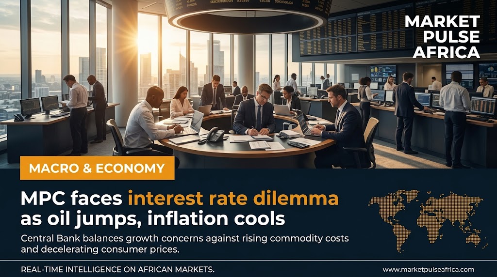 Balance scale graphic symbolizing Nigeria's Monetary Policy Committee weighing cooling inflation against rising global oil prices.