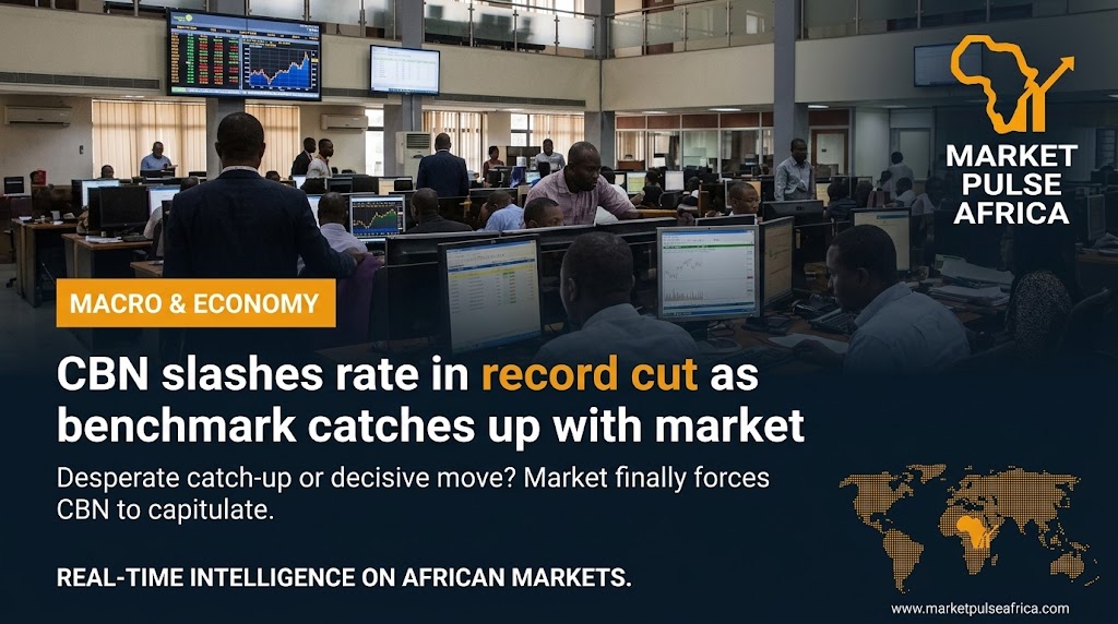 Professional editorial image of the Central Bank of Nigeria building in Abuja with a restrained upward financial chart element in green, MarketPulse Africa logo top-left, Midnight