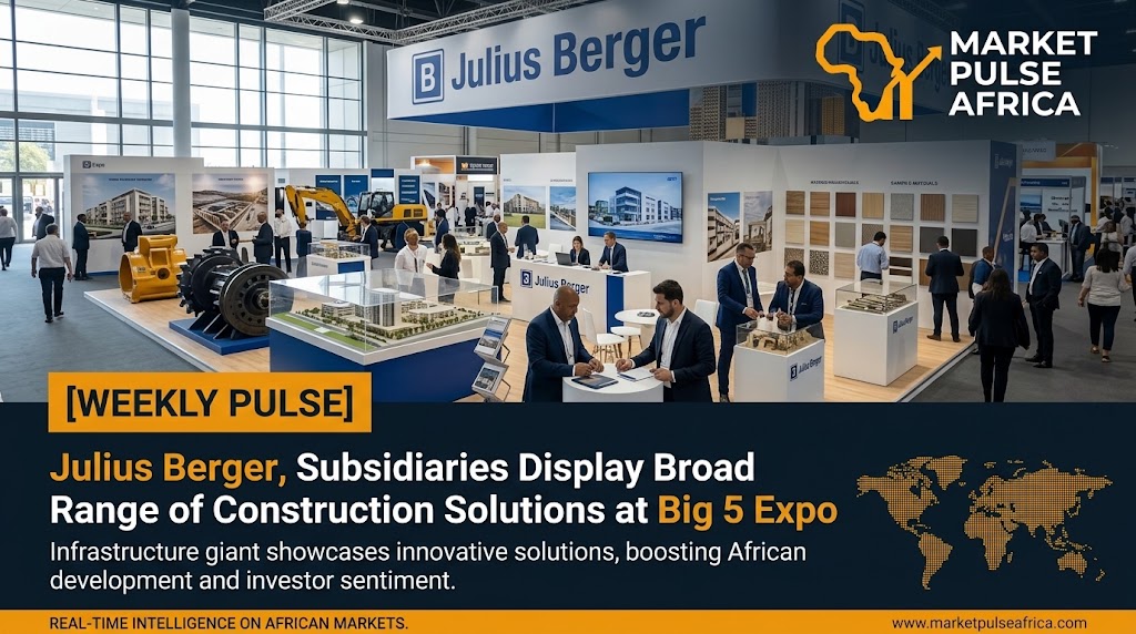 Photorealistic premium editorial photograph for MarketPulse Africa. Wide landscape composition inside a modern exhibition hall at a major construction trade fair in Lagos. In the m