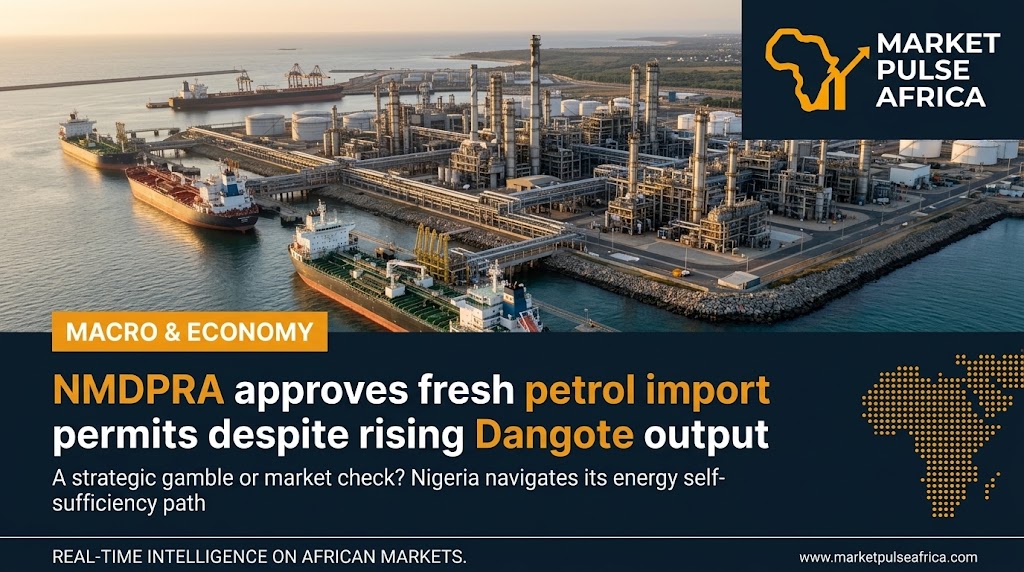 A fuel tanker truck is parked at a Nigerian import terminal at dusk, with refinery storage tanks visible in the background and a subtle upward supply-chart overlay in the sky.