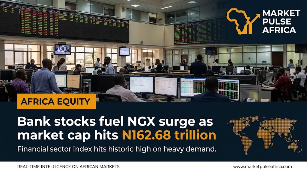 NGX trading floor with stock charts showing an upward trend, representing Nigeria's stock market hitting a record N162.68 trillion market cap.