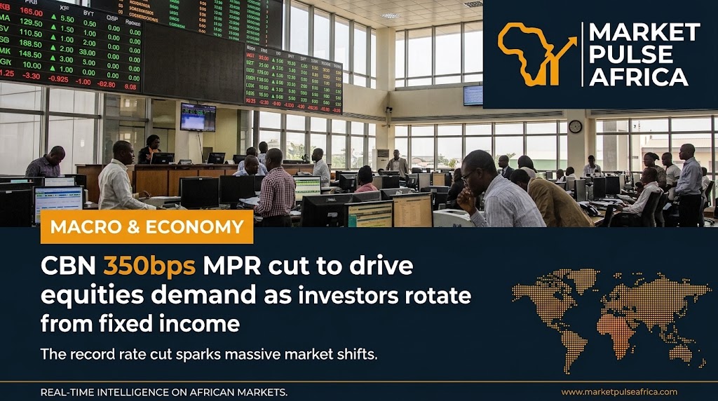 A trader studies a rising stock chart on a screen inside a Nigerian financial trading floor, with a soft downward-easing interest rate graph overlaid in the background.