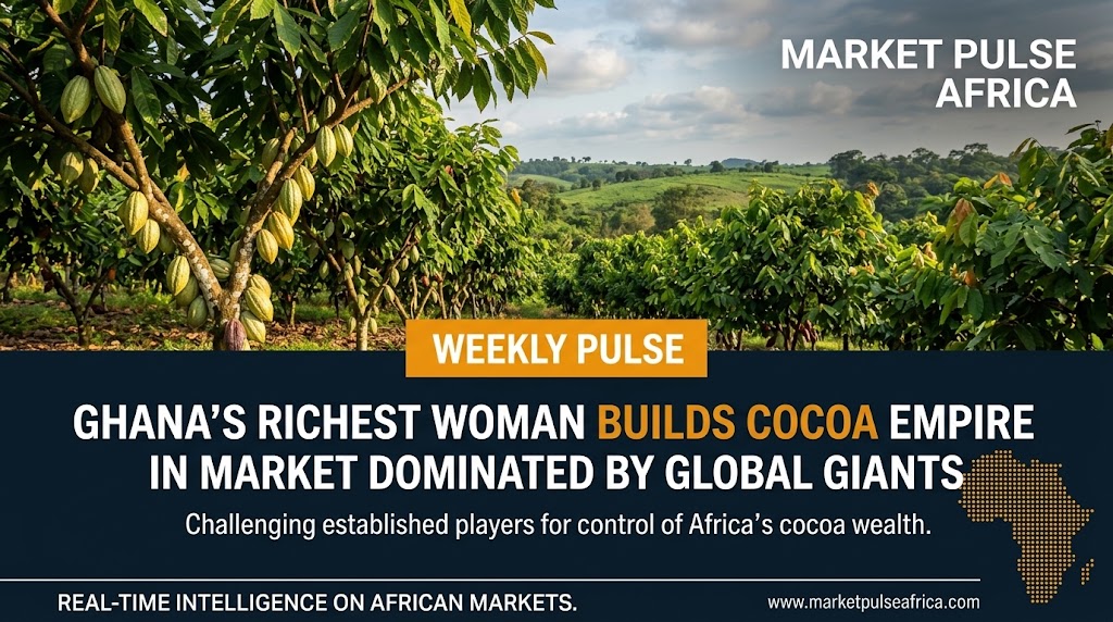 Cocoa processing facility with conveyor belts and roasted beans, representing Patricia Poku-Diaby's cocoa processing empire in Ghana.