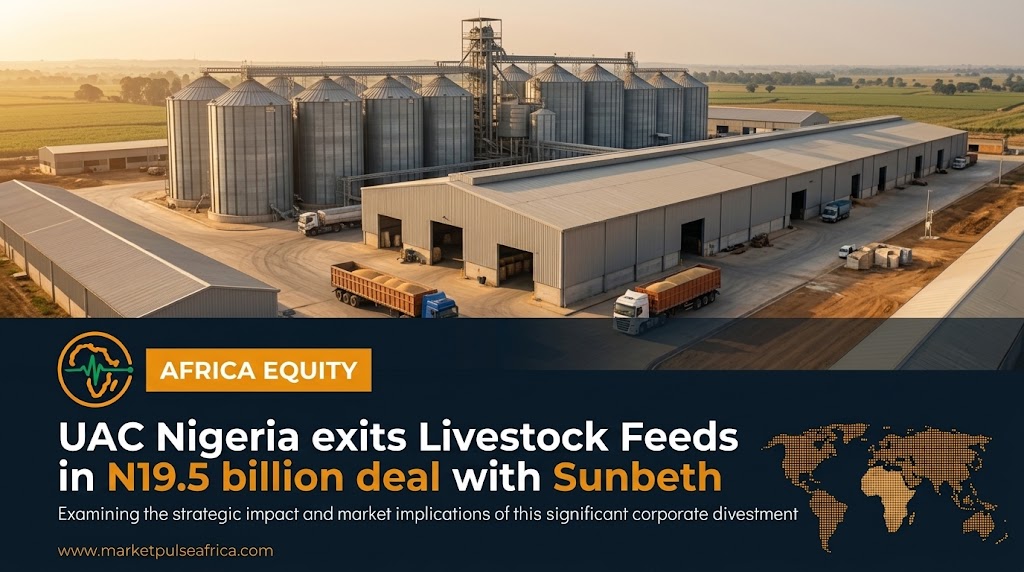 A Nigerian animal feed manufacturing facility with grain silos is shown at dusk, with a subtle overlay of a corporate handshake icon and an upward investment graph.