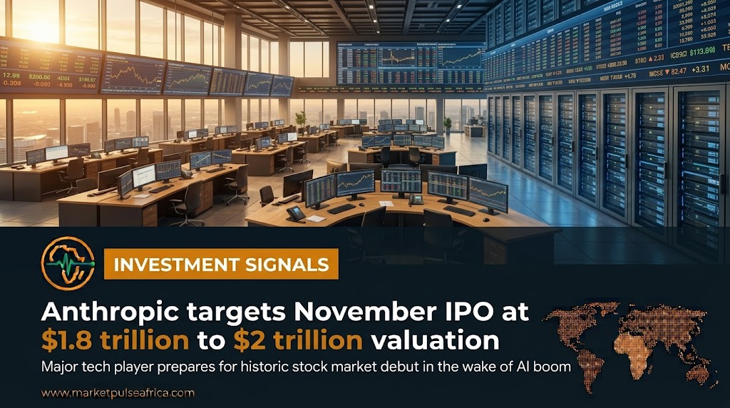 A financial analyst reviews a technology company's IPO prospectus on a laptop screen, with a sharply rising valuation chart overlaid against a dark trading-floor backdrop.