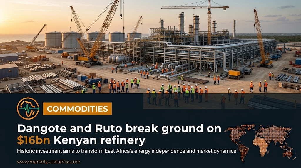 A groundbreaking ceremony takes place at a coastal construction site in Kenya, with dignitaries holding ceremonial shovels and oil refinery infrastructure renderings visible in the