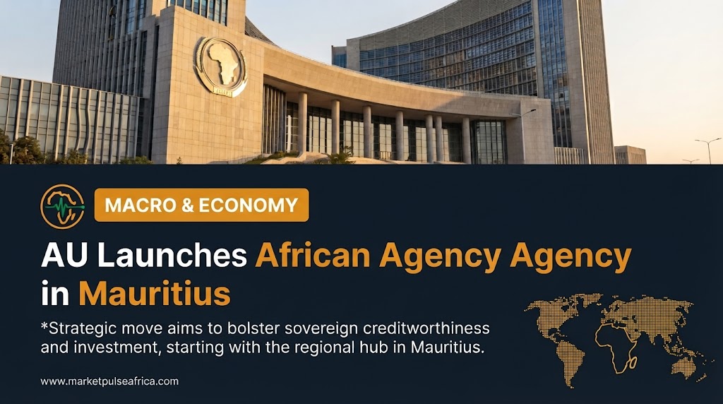 **Alt Text:**  > Financial news cover image for Market Pulse Africa featuring the African Union headquarters, titled "AU Launches African Credit Rating Agency in Mauritius," catego