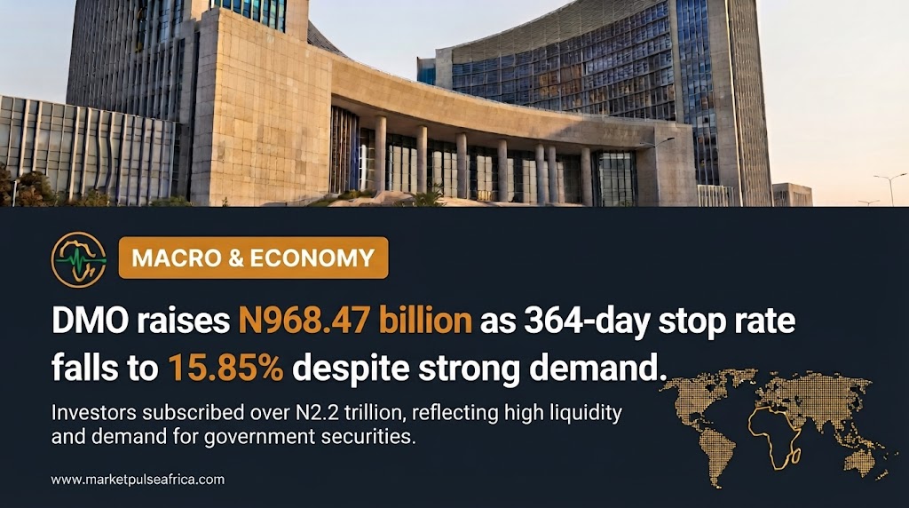 **Alt Text:**  > Financial news cover image for Market Pulse Africa titled "DMO raises N968.47 billion as 364-day stop rate falls to 15.85% despite strong demand," categorized unde