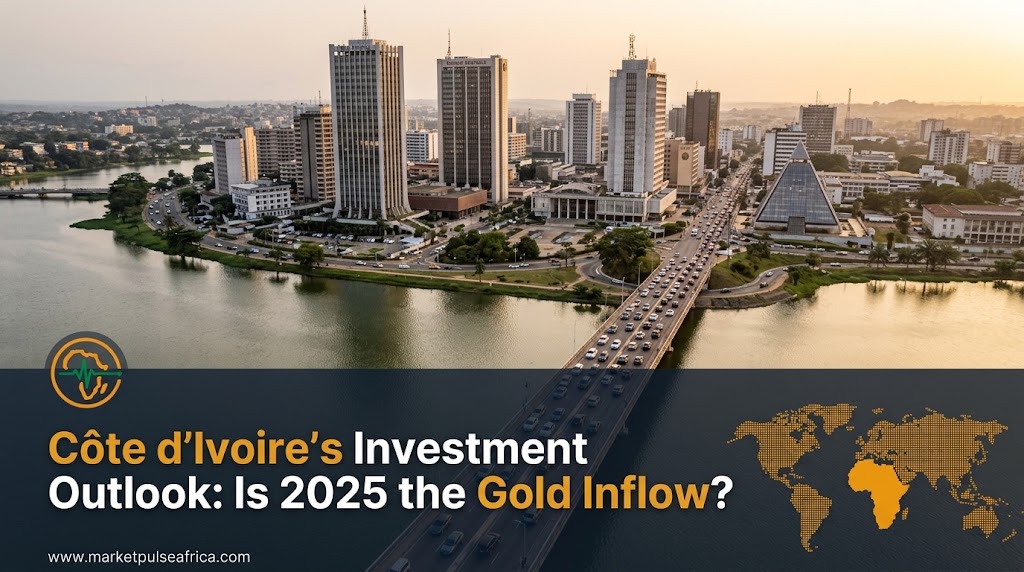 **Alt Text:** A landscape-format financial news cover image for Market Pulse Africa. The top background features an aerial, daylight photograph of Abidjan's modern business distric