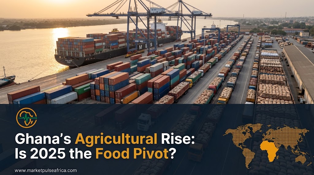 **Alt Text:** A landscape-format financial news cover image for Market Pulse Africa. The top background features an aerial view of cargo ships and agricultural commodity shipments
