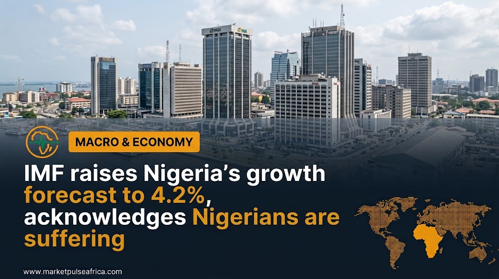 A landscape-format financial news cover image for Market Pulse Africa. The top background features a high-detail photograph of the Lagos commercial skyline with high-rise corporate