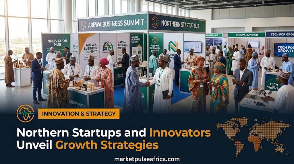Market Pulse Africa cover card for the Arewa Business Festival article, showing the headline and logo over a dark panel with a market stall scene.