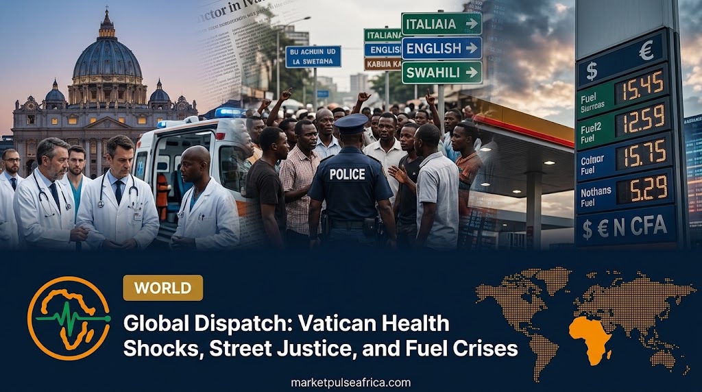 World in Brief cover card for the news roundup, showing the headline and logo over a dark navy panel with a world map.