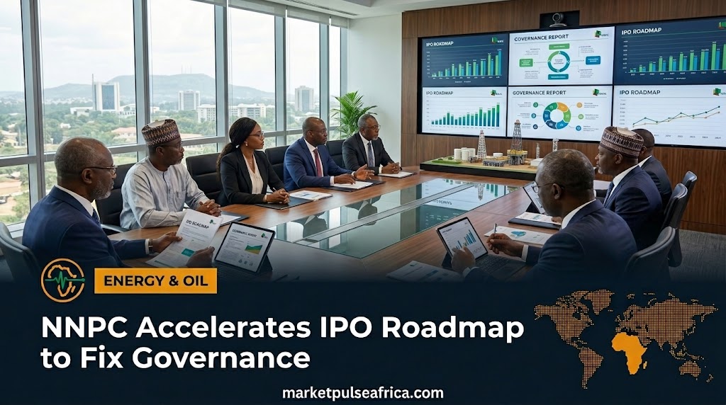 Market Pulse Africa cover card for the NNPC IPO article, showing the headline and logo over a dark panel with an oil refinery silhouette.