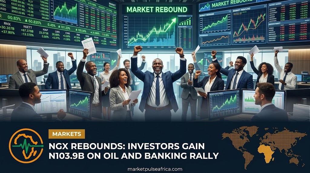 Market Pulse Africa cover card for the NGX rebound article, showing the headline and logo over a dark navy panel with a rising line chart.