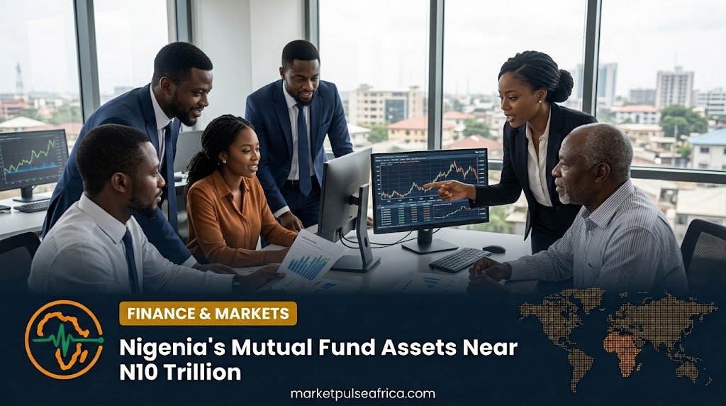 Market Pulse Africa cover card for the mutual fund assets article, showing the headline and logo over a dark navy panel with a rising bar chart and bank notes.